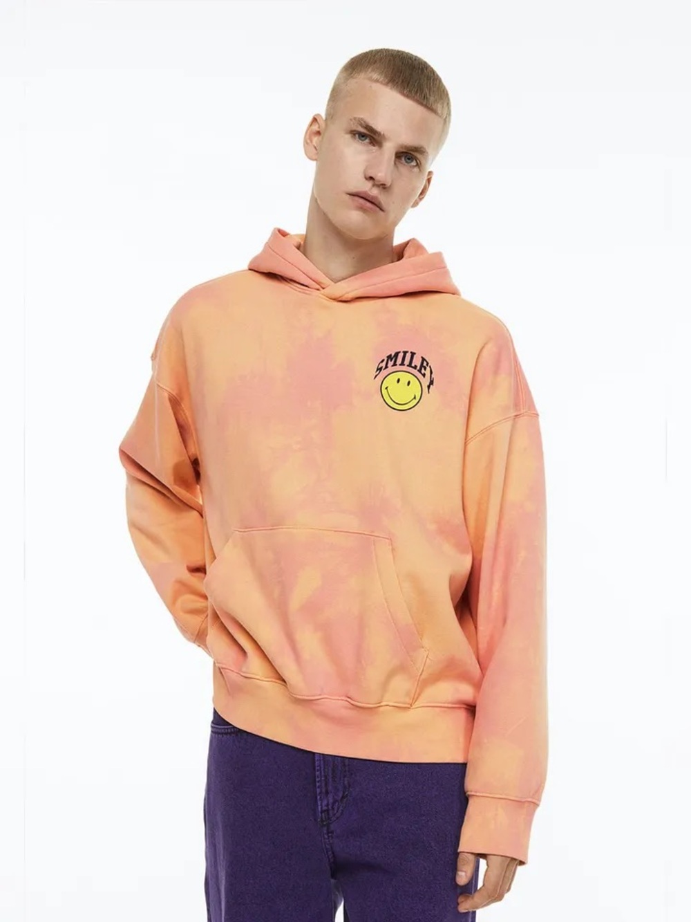 Smiley x H&M XL oversized peach tie-dye graphic print hoodie
